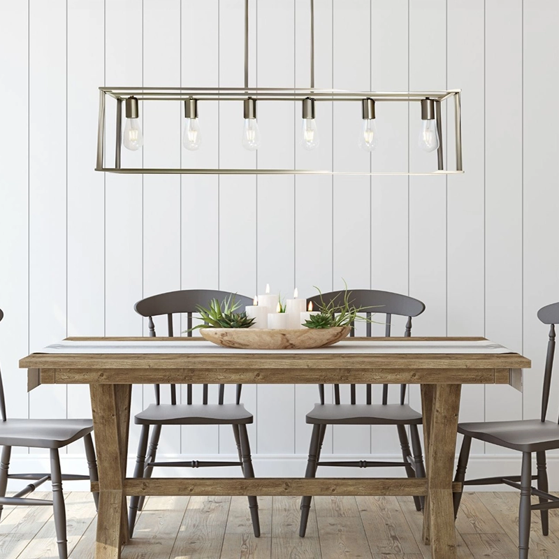 a dining chandelier rectangular over a kitchen island