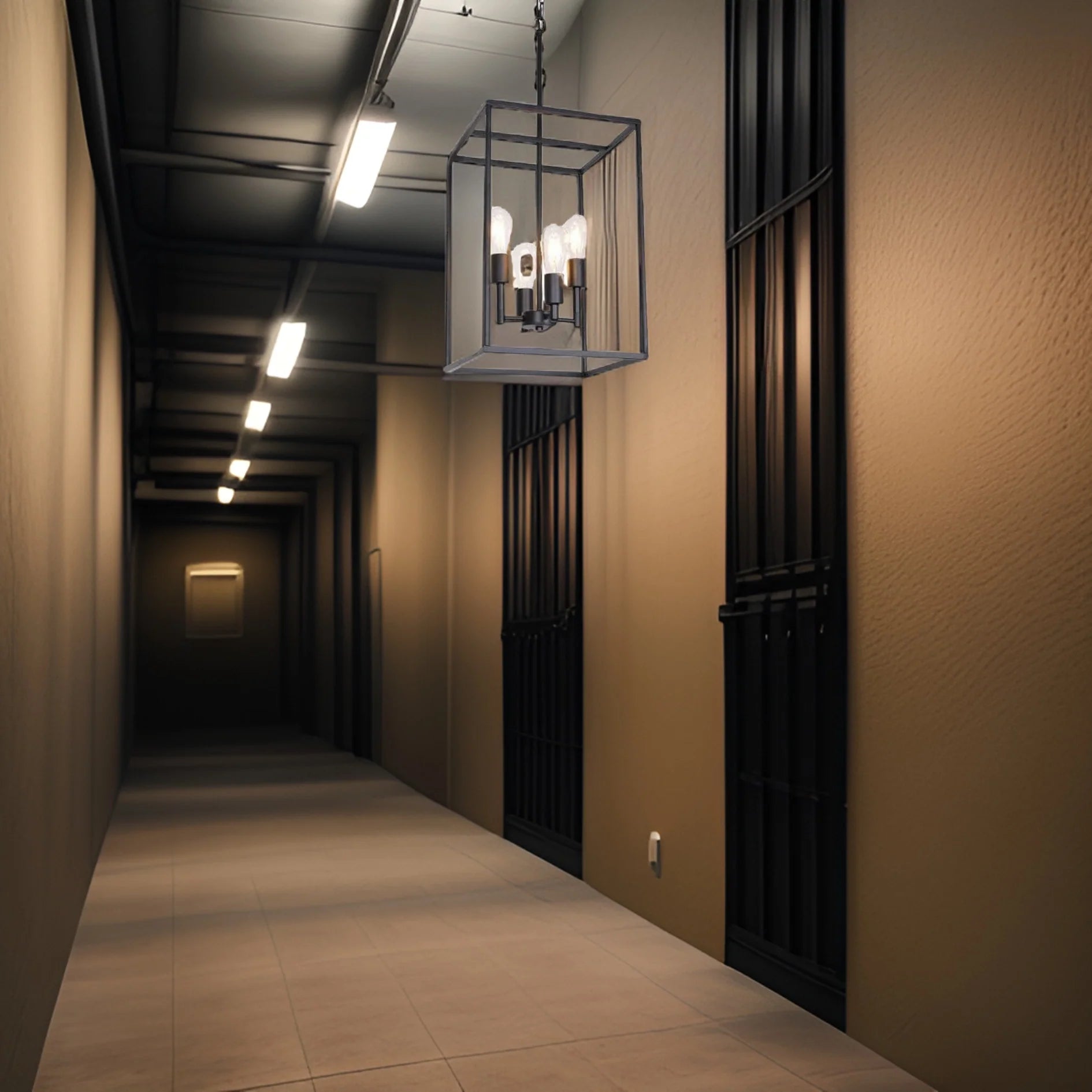 a dining room chandelier illuminating a hallway