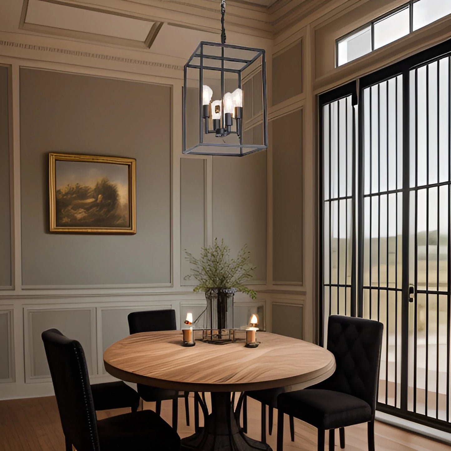 a dining room chandelier in a modern setting