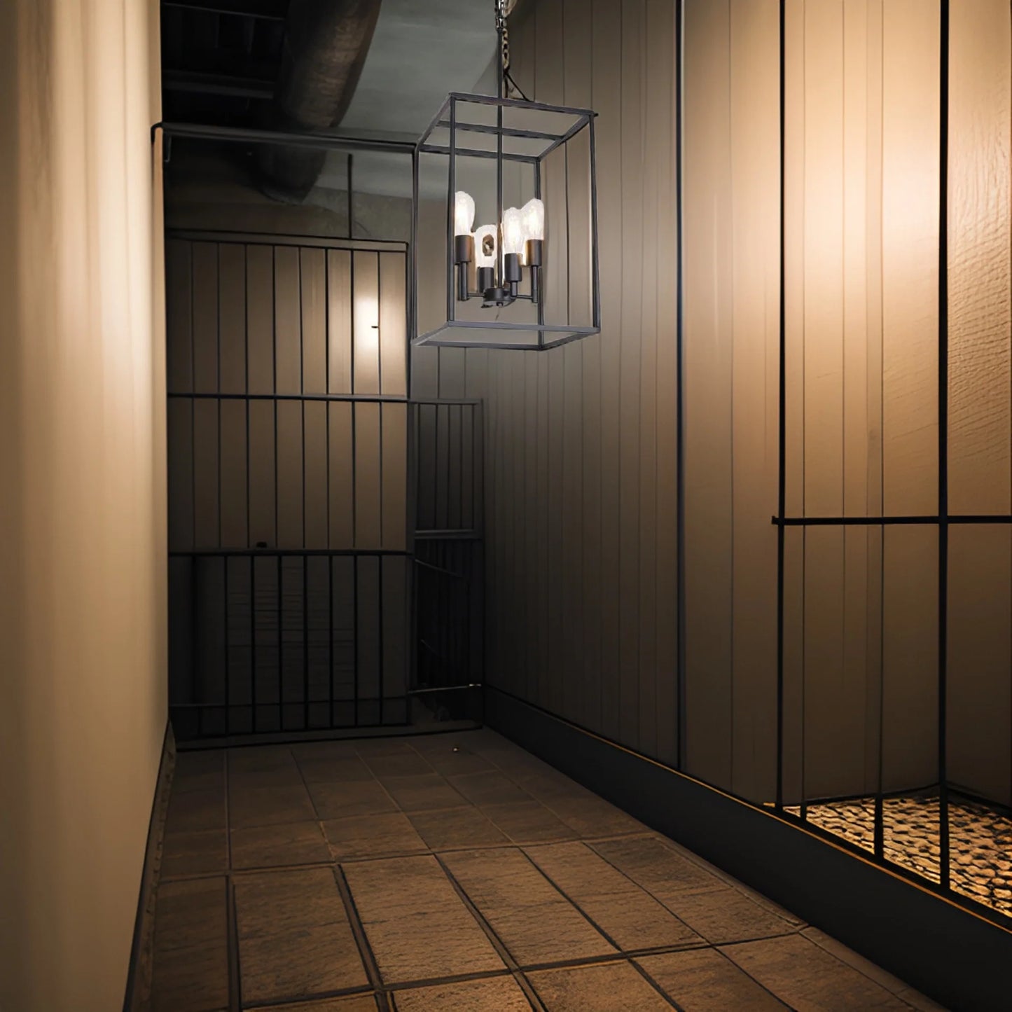 a dining room chandelier illuminating a hallway