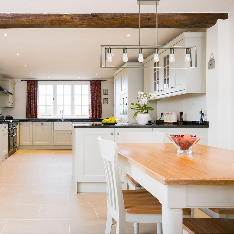 a rectangular dining chandelier in a large kitchen area