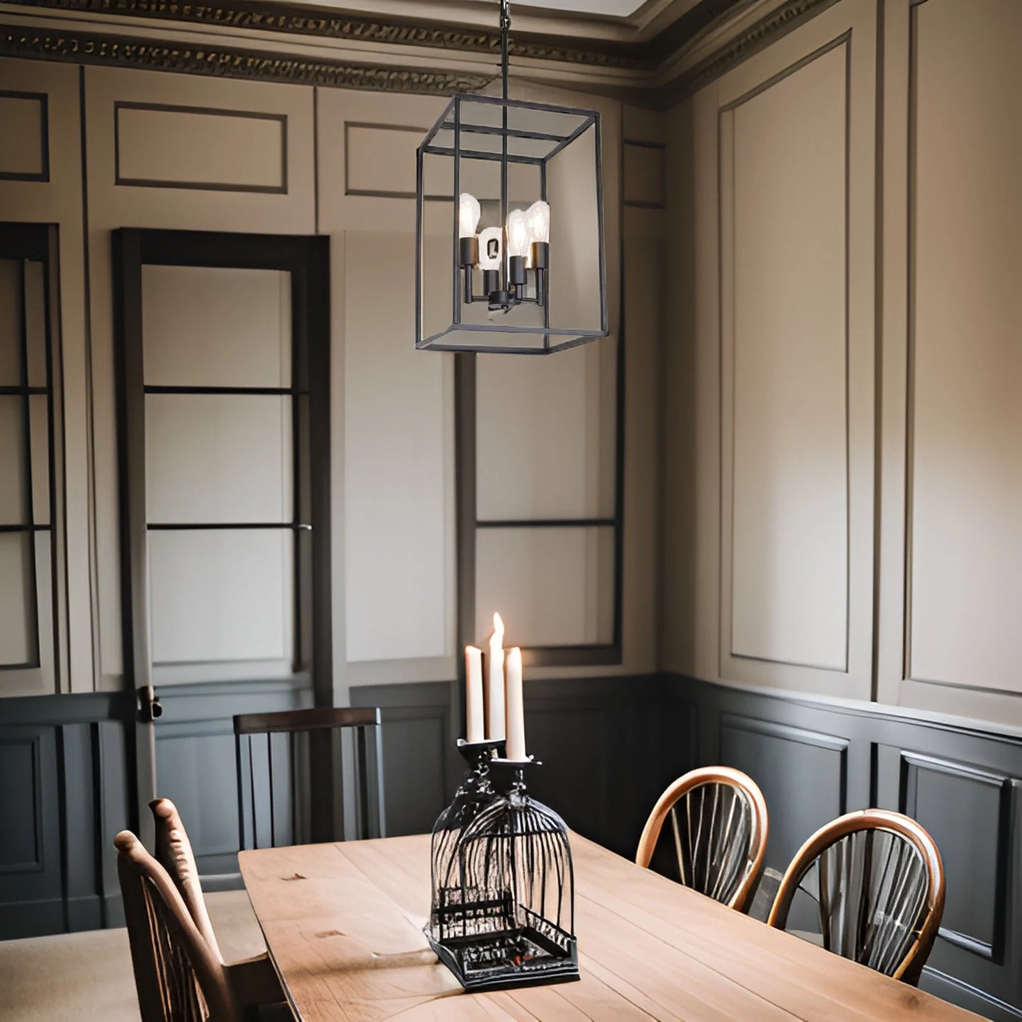 A black metal dining room chandelier hanged above a dining table