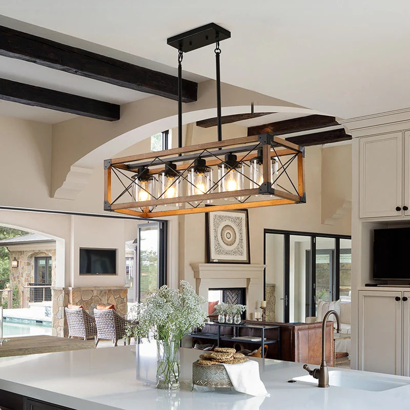 A rustic kitchen island chandelier with redwood frame, ferrous & glass lampshade