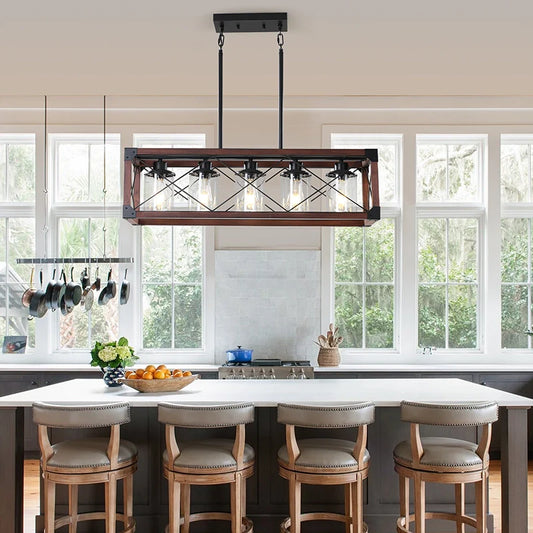 A rustic kitchen island chandelier with redwood frame, ferrous & glass lampshade