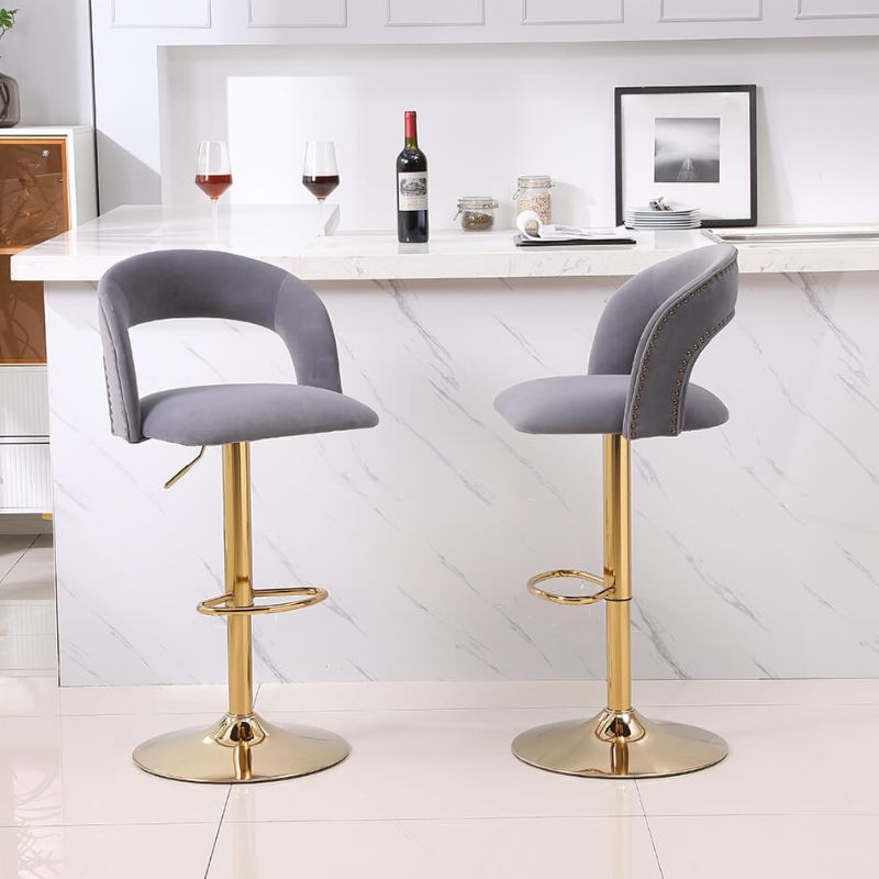 20" Gray Swivel Velvet Counter Height Bar Stool with Back & Footrest 