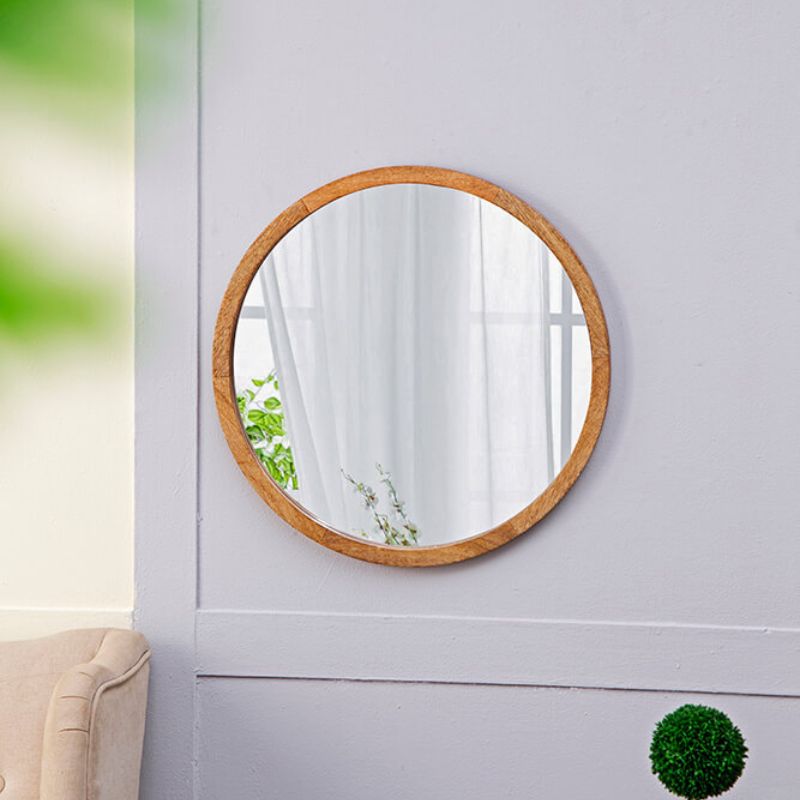 20" Minimalist Circle Wall Mirror with Brown Wooden Frame\