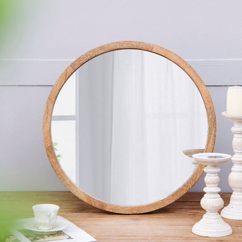 20" Minimalist Circle Wall Mirror with Brown Wooden Frame