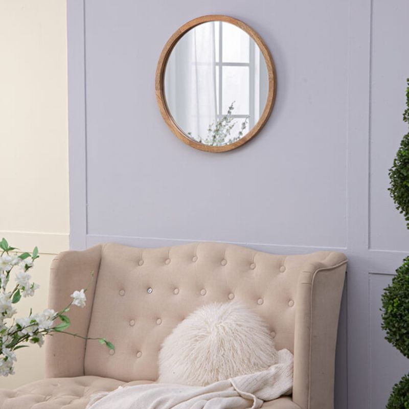 20" Minimalist Circle Wall Mirror with Brown Wooden Frame