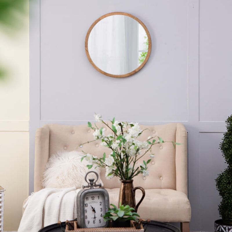 20" Minimalist Circle Wall Mirror with Brown Wooden Frame