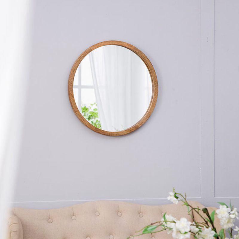 20" Minimalist Circle Wall Mirror with Brown Wooden Frame