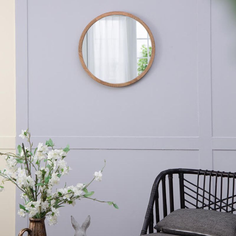 20" Minimalist Circle Wall Mirror with Brown Wooden Frame