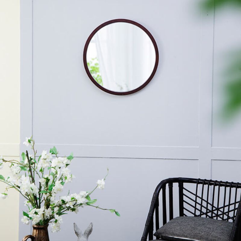 20" Minimalist Circle Wall Mirror with Walnut Wooden Frame