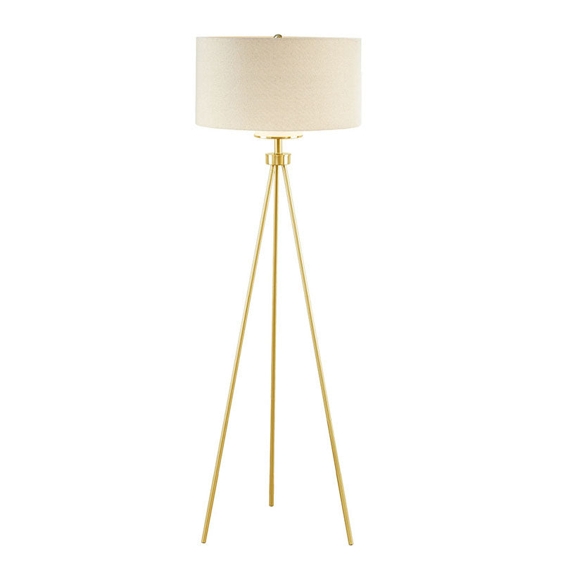 a modern floor lamp with glass shade and metal tripod base in a white background