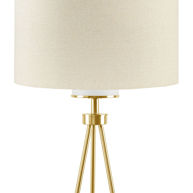 a close-up view of a modern floor lamp in gold base