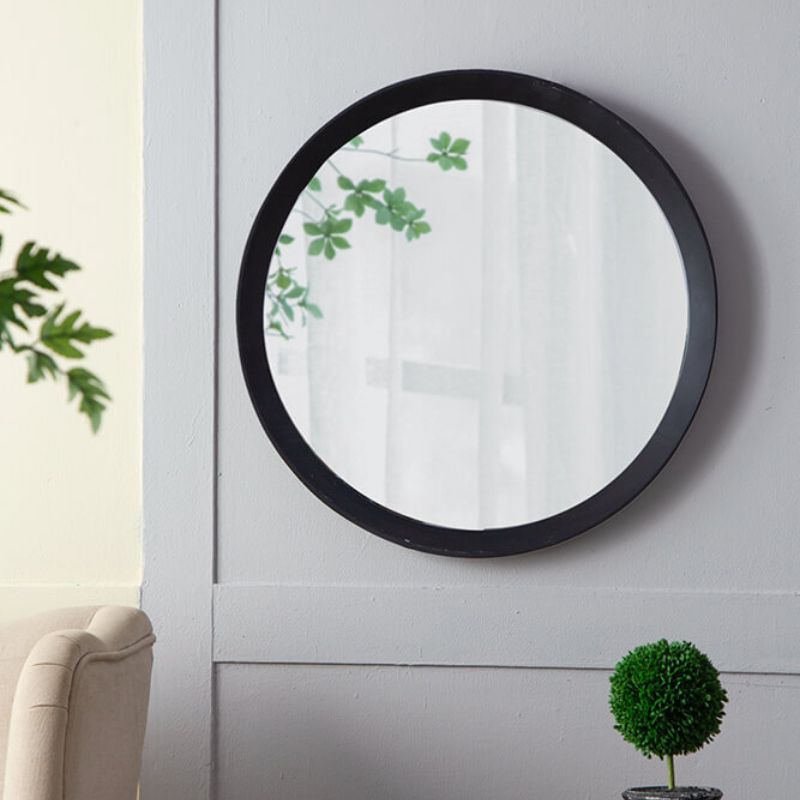 20" Transitional Black Round Hanging Wall Mirror with Solid Mango Wood Frame