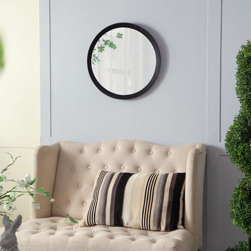 20" Transitional Black Round Hanging Wall Mirror with Solid Mango Wood Frame