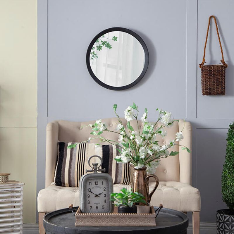 20" Transitional Black Round Hanging Wall Mirror with Solid Mango Wood Frame