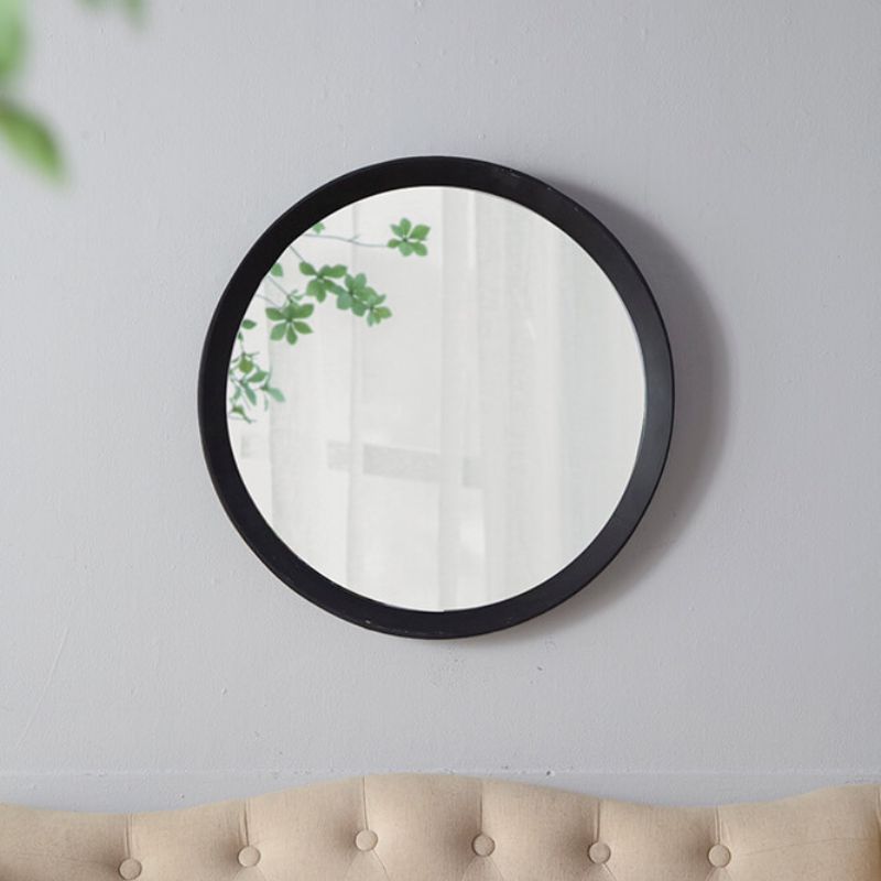 20" Transitional Black Round Hanging Wall Mirror with Solid Mango Wood Frame