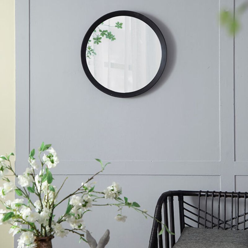 20" Transitional Black Round Hanging Wall Mirror with Solid Mango Wood Frame