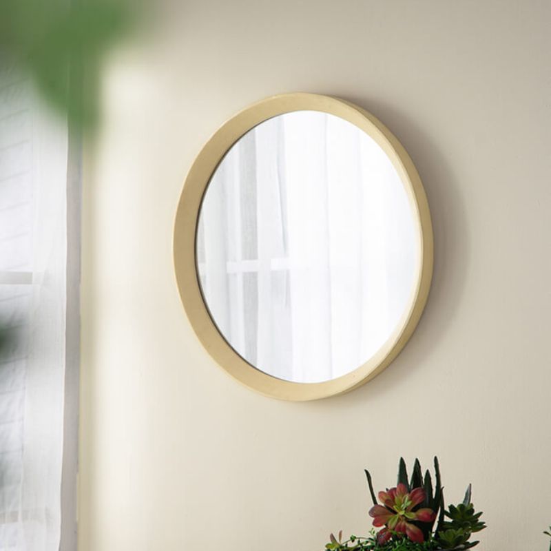 20" Transitional Cream Round Hanging Wall Mirror with Solid Mango Wood Frame