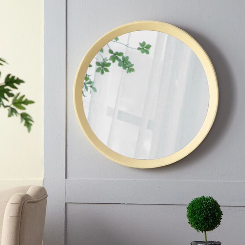 20" Transitional Cream Round Hanging Wall Mirror with Solid Mango Wood Frame