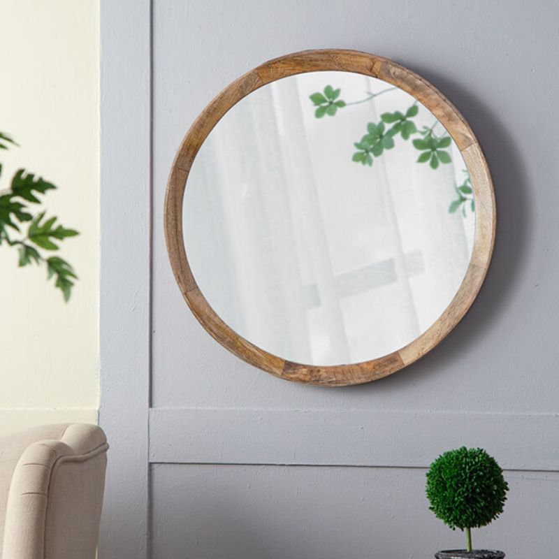 20" Transitional Natural Round Hanging Wall Mirror with Solid Mango Wood Frame