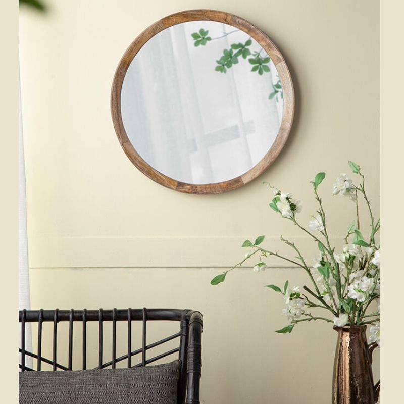 20" Transitional Natural Round Hanging Wall Mirror with Solid Mango Wood Frame