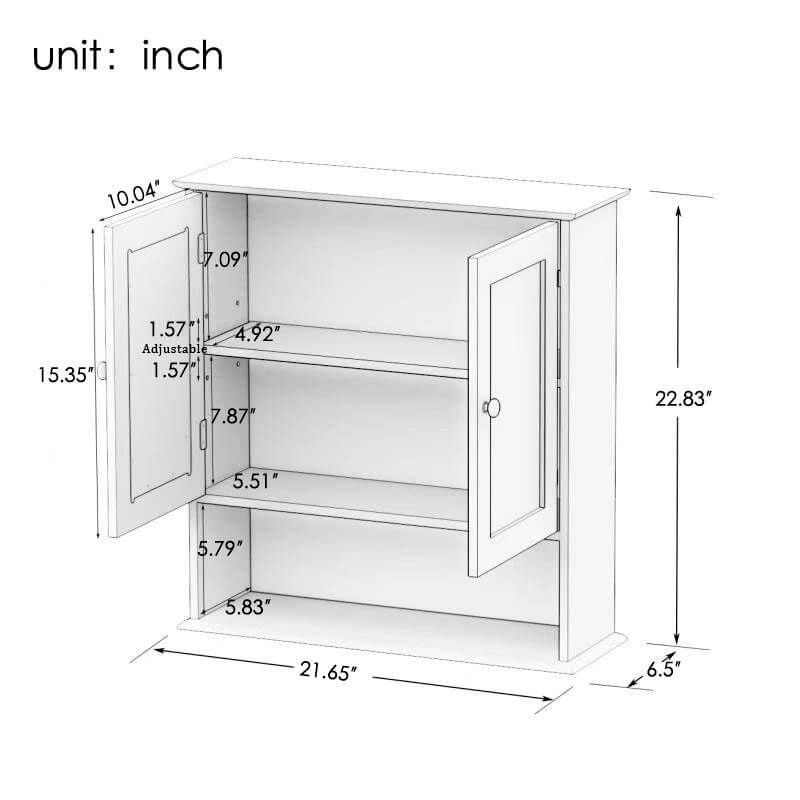 A dimension Image of the 21.6" White Wall-Mounted Medicine Cabinet with Double Mirror Doors and Shelves