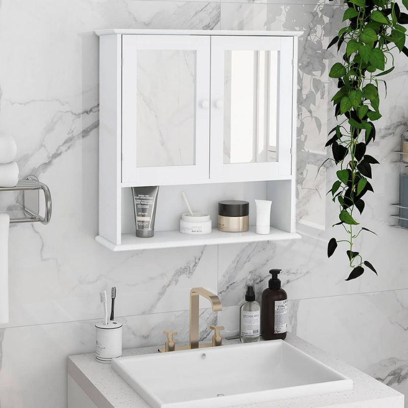 21.6" White Wall-Mounted Medicine Cabinet with Double Mirror Doors and Shelves