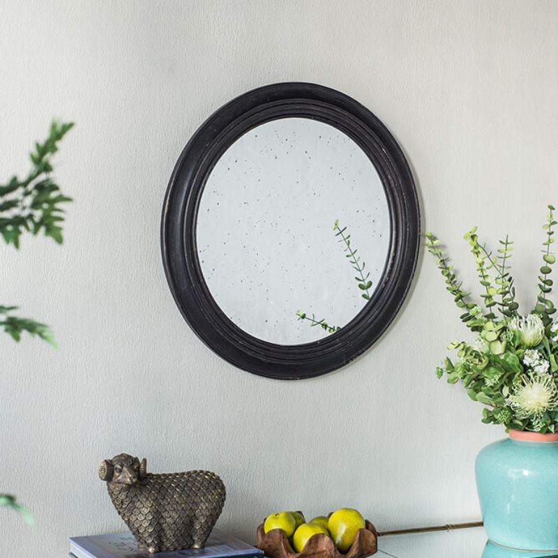 23.6" Antique Classic Circle Wall Mirror with Black Wooden Frame