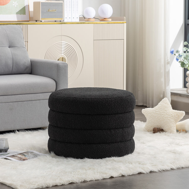 24.5" Black Boucle Round Storage Ottoman Footstool