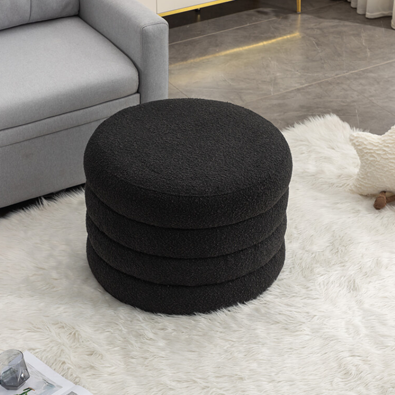 24.5" Black Boucle Round Storage Ottoman Footstool