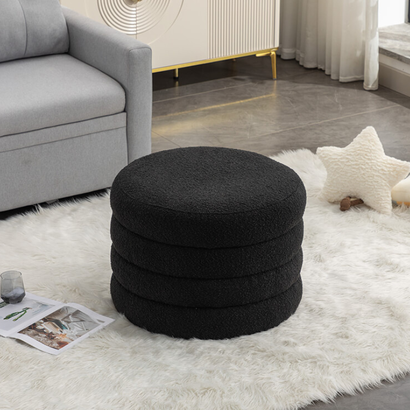 24.5" Black Boucle Round Storage Ottoman Footstool