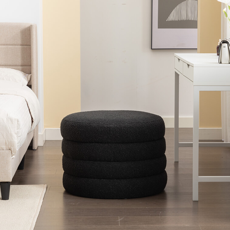 24.5" Black Boucle Round Storage Ottoman Footstool