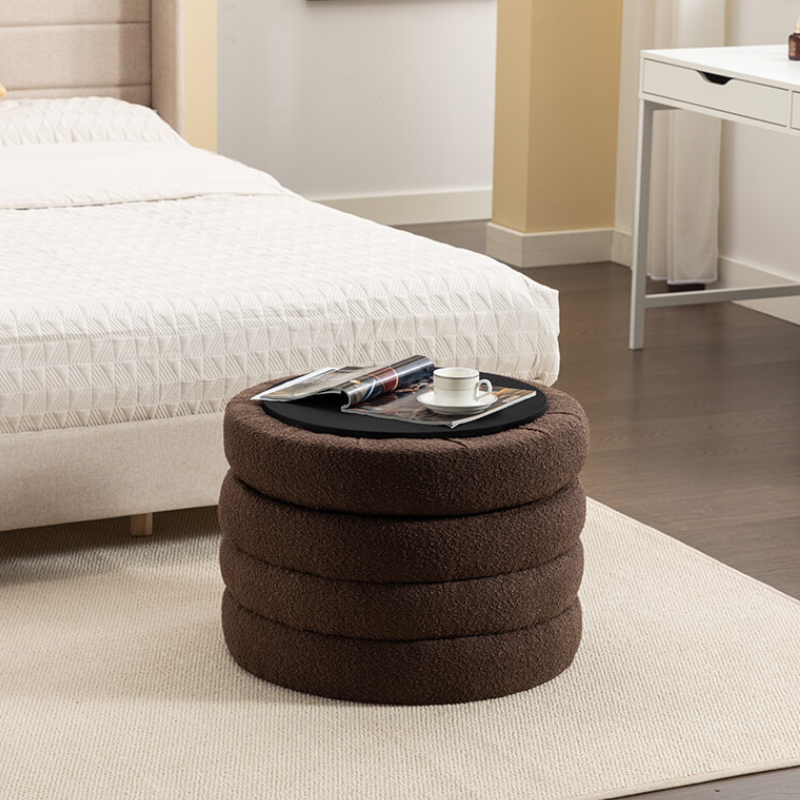 24.5 Brown Boucle Round Storage Ottoman Footstool