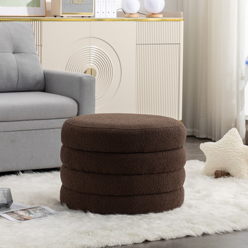 24.5 Brown Boucle Round Storage Ottoman Footstool