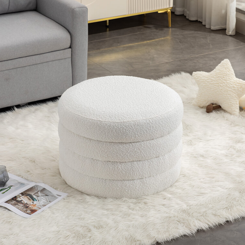 24.5" Ivory Boucle Round Storage Ottoman Footstool