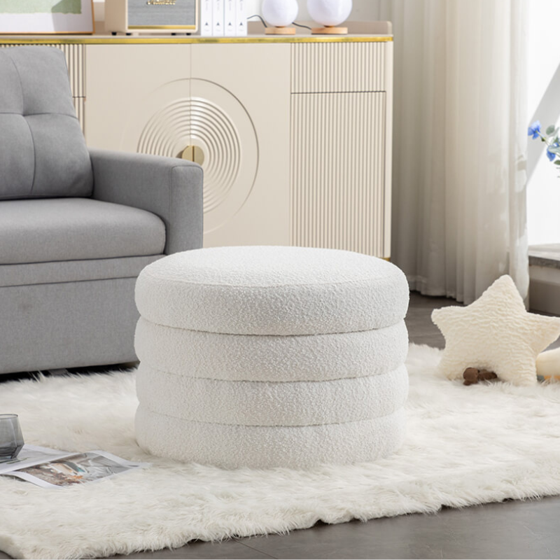 24.5" Ivory Boucle Round Storage Ottoman Footstool