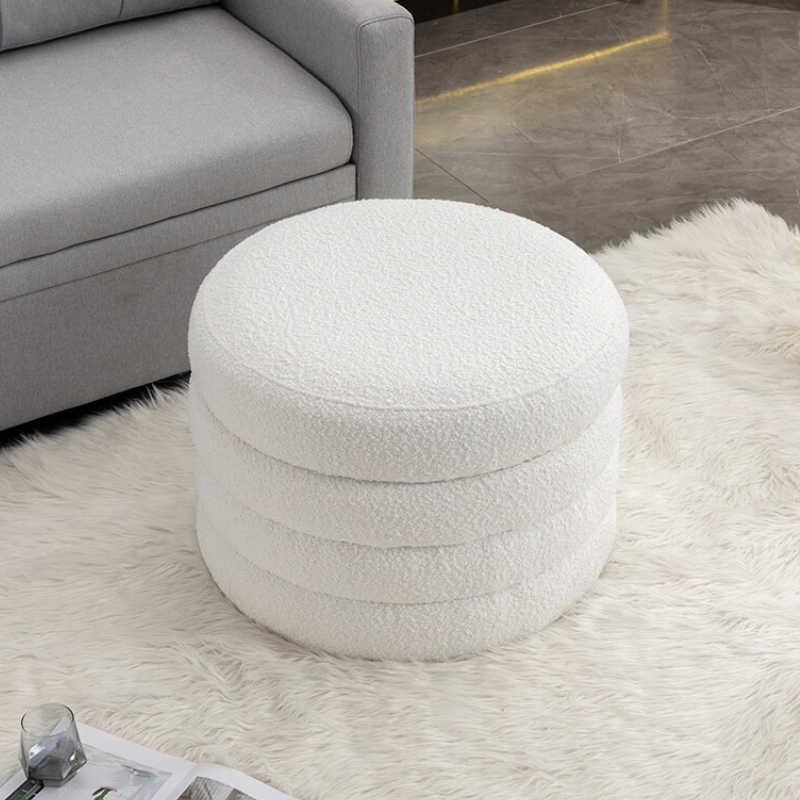 24.5" Ivory Boucle Round Storage Ottoman Footstool