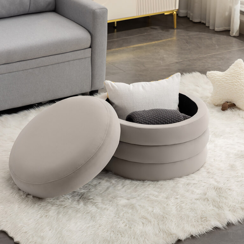 24.5" Light Gray Velvet Round Storage Ottoman Footstool