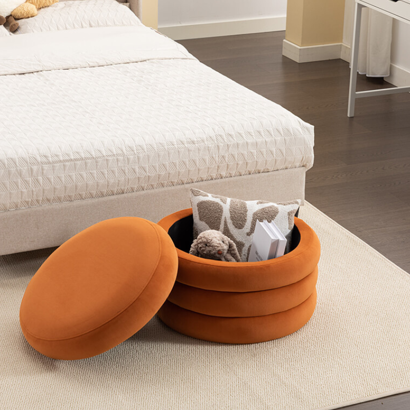 24.5" Orange Velvet Round Storage Ottoman Footstool