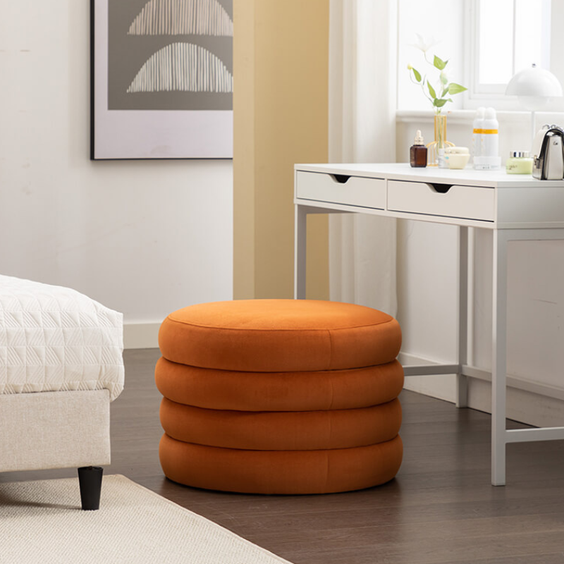 24.5" Orange Velvet Round Storage Ottoman Footstool