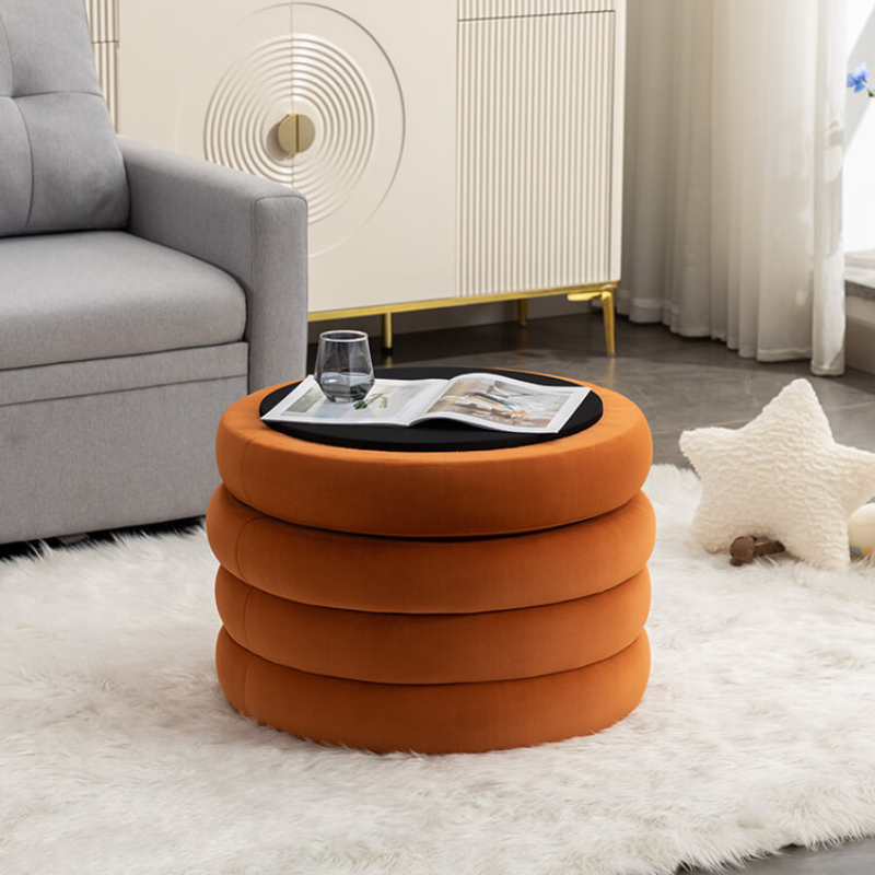 24.5" Orange Velvet Round Storage Ottoman Footstool