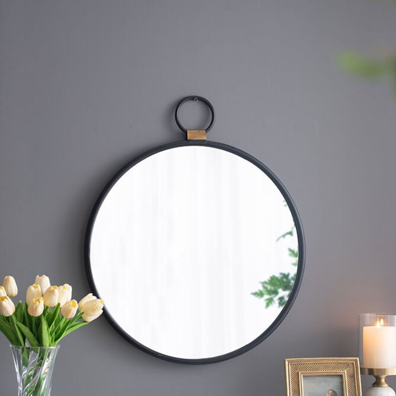 24"L x 28"H Contemporary Minimalist Round Wall Mirror with Black Frame