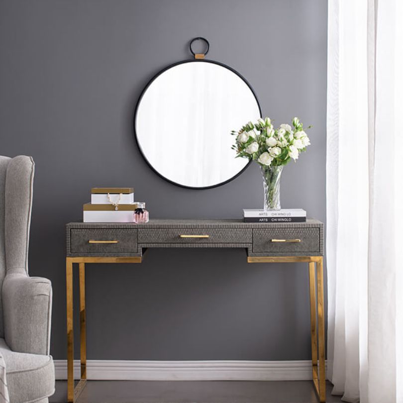 24"L x 28"H Contemporary Minimalist Round Wall Mirror with Black Frame