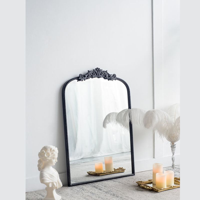 24"L x 36"H Classic Design Black Semi-circular Arched Bathroom Wall Mirror with Baroque Inspired Frame