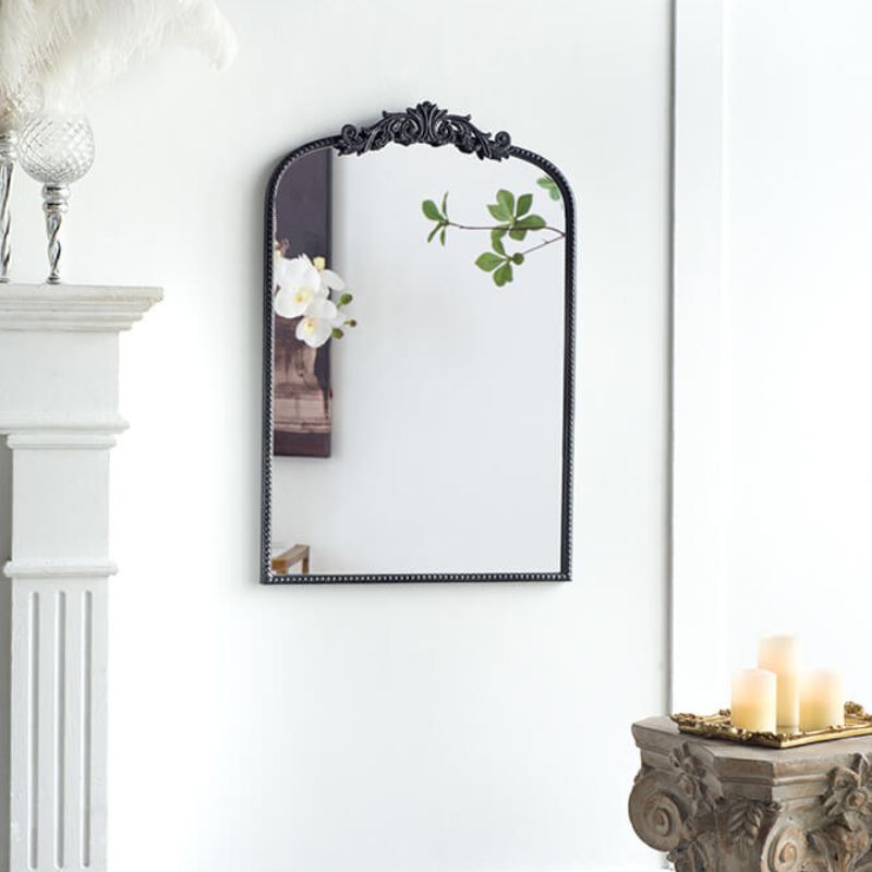 24"L x 36"H Classic Design Black Semi-circular Arched Bathroom Wall Mirror with Baroque Inspired Frame