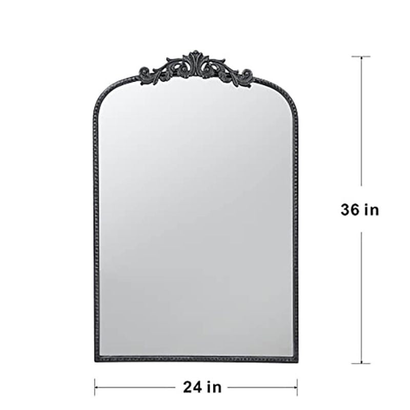 A dimension Image of the 24"L x 36"H Classic Design Black Semi-circular Arched Bathroom Wall Mirror with Baroque Inspired Frame