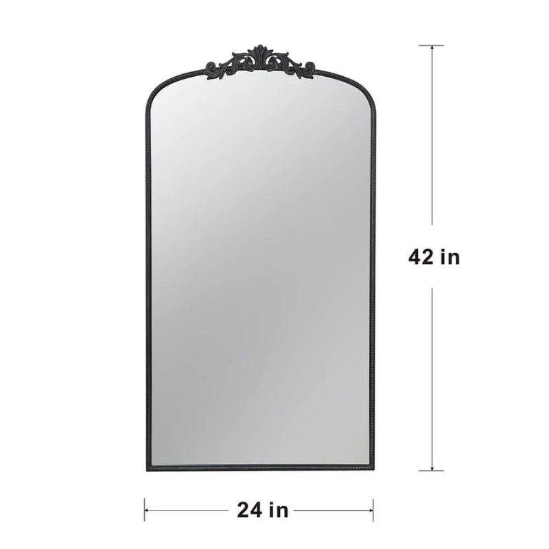 A dimension image of the 24"L x 42"H Classic Design Black Semi-circular Arched Bathroom Wall Mirror with Baroque Inspired Frame