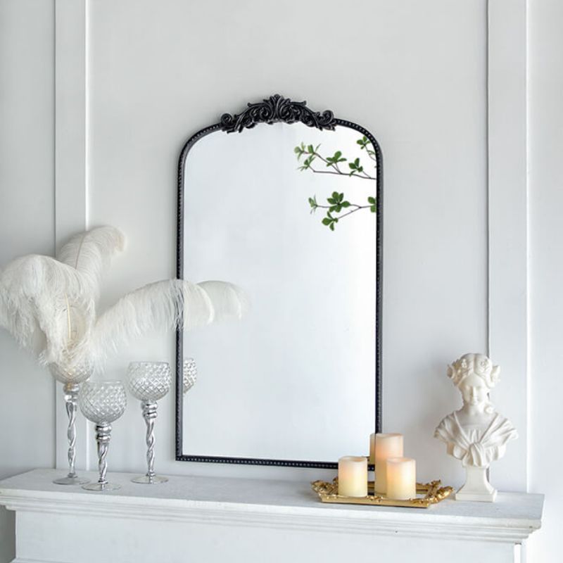 24"L x 42"H Classic Design Black Semi-circular Arched Bathroom Wall Mirror with Baroque Inspired Frame